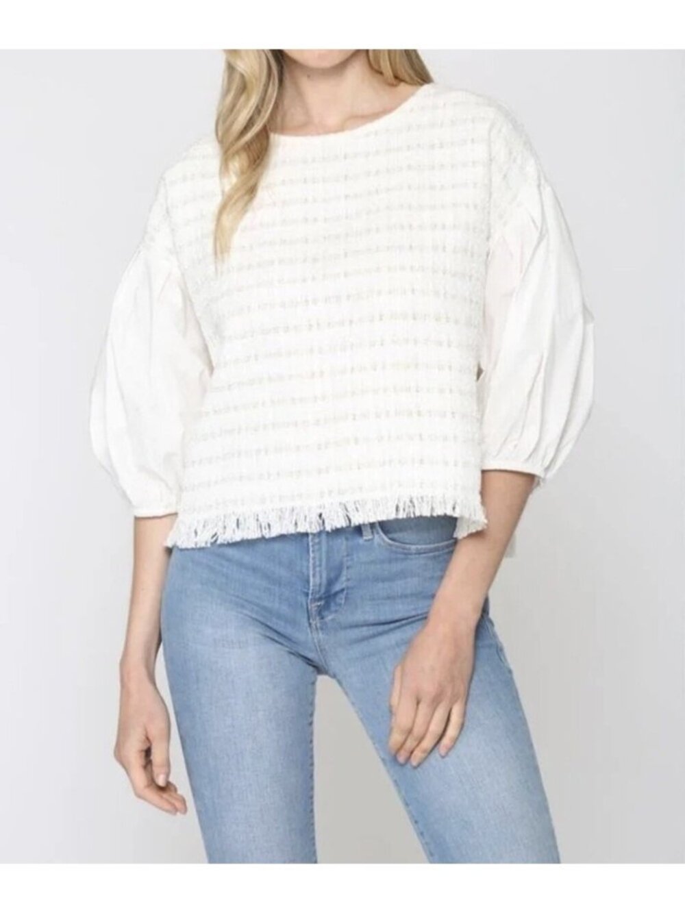 Fate Anthropologie Women Cream Tweed Blouse Size M Balloon Sleeve Fringe Boho To